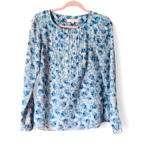 LOFT Blue Floral Pleated Front Blouse - Size Small